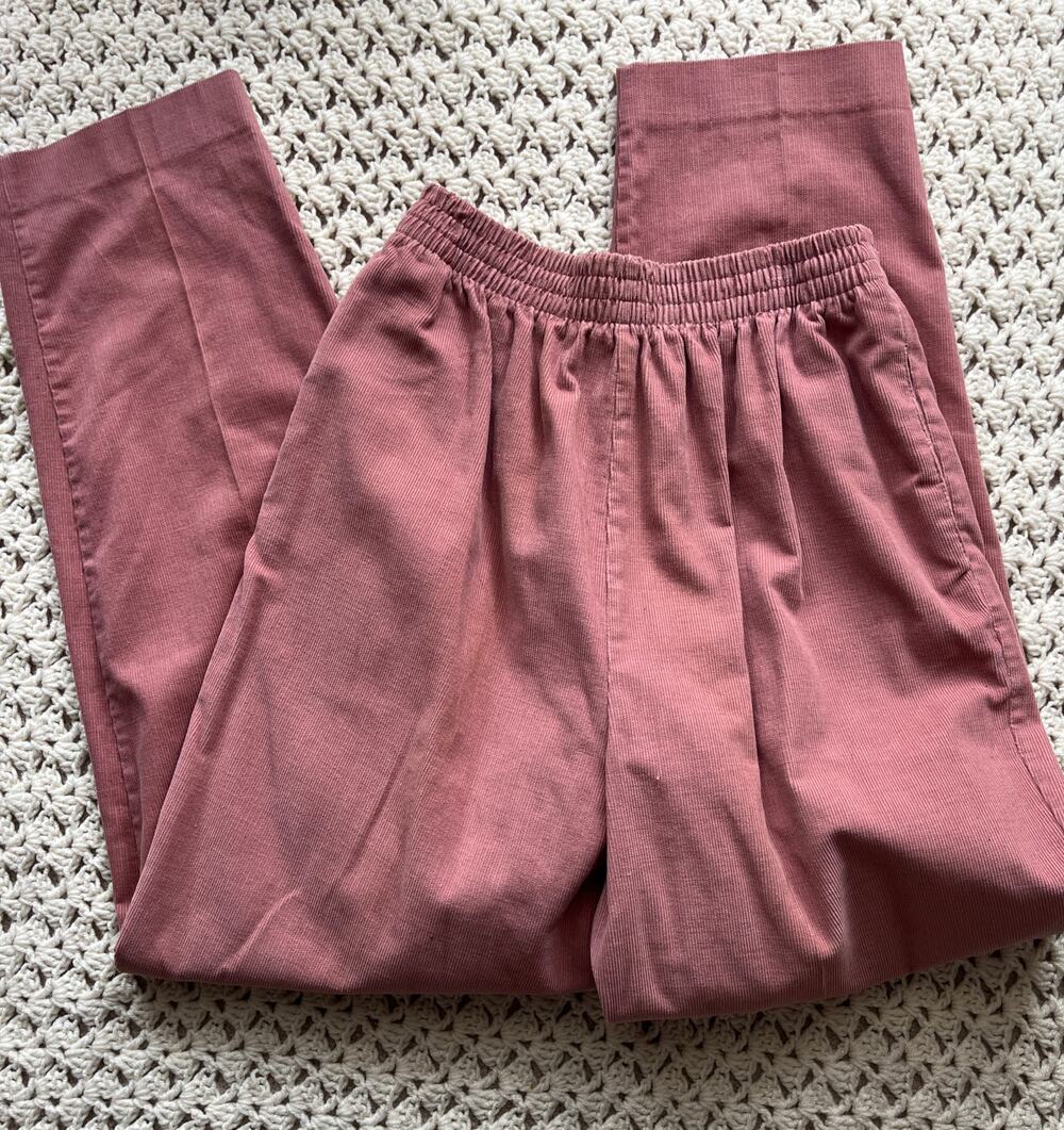 Vintage 90s Pink Corduroy Pants Straight Leg Pull On Elastic Waist Size 10 Med